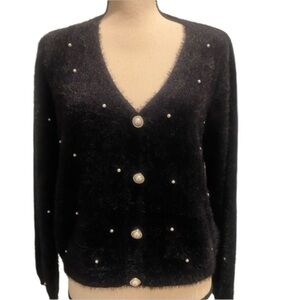Sadie & Sage Dressy Pearl Accents Black Fluffy Cardigan Sweater New size S-M